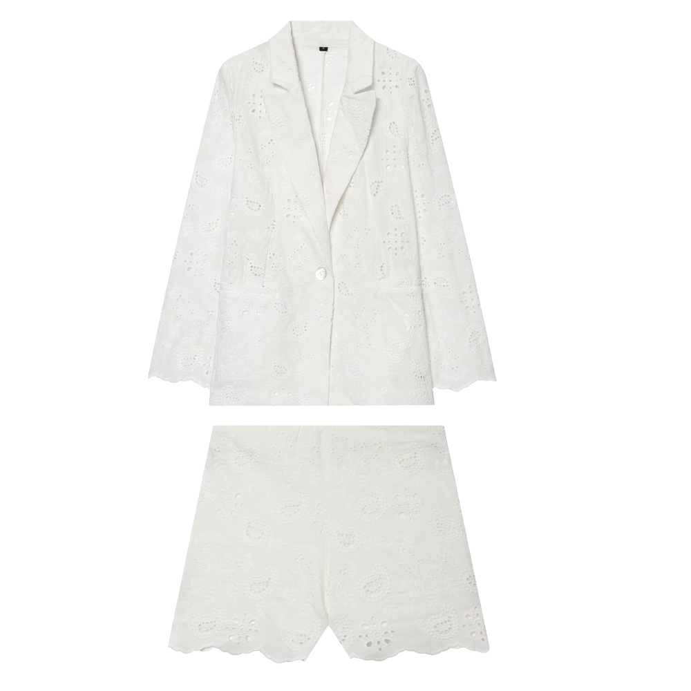 suit Women's 2 pieces with shoulder pads embroidered Blazer Coat+Shorts