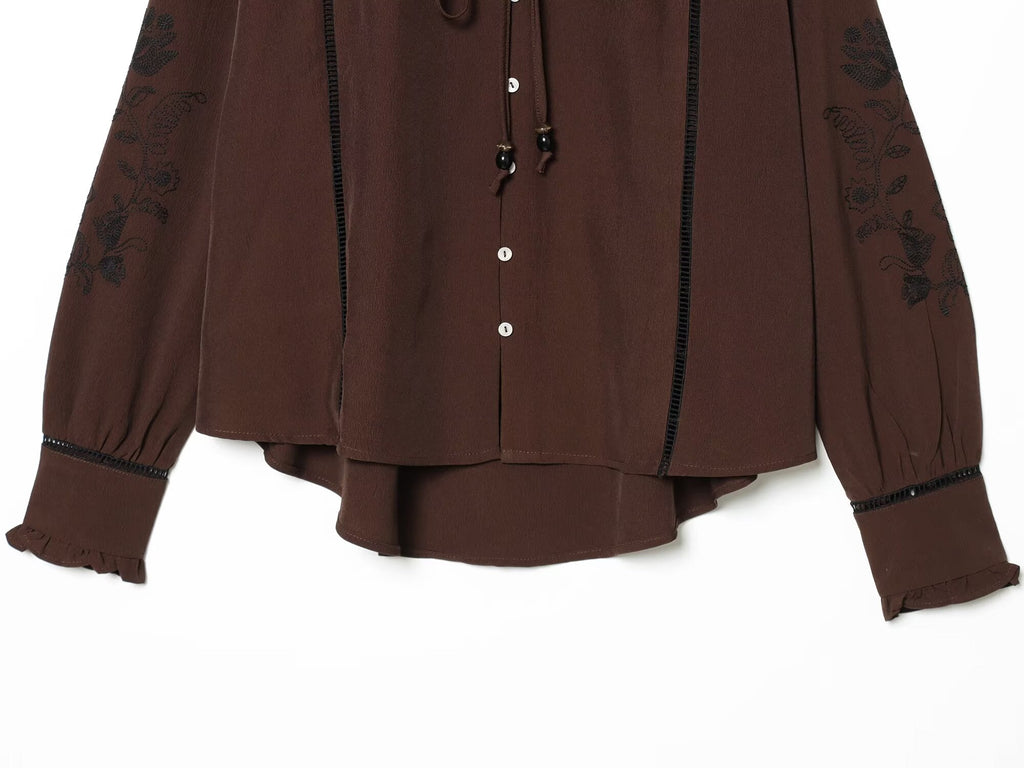 suit Women's 2 pieces lace up decorative embroidered shirt+pants