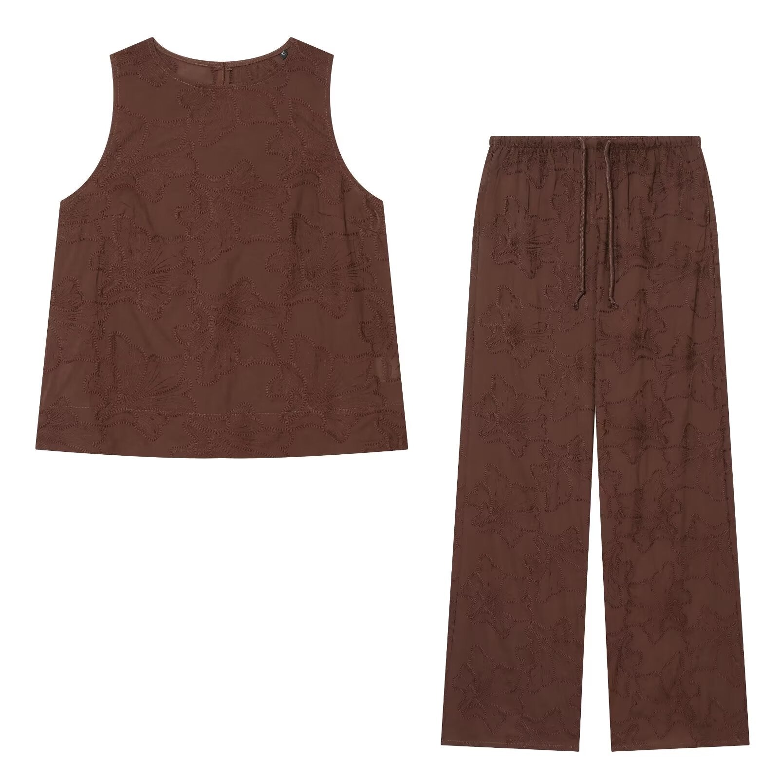 suit Women's 2 pieces O Neck embroidered top+Pants