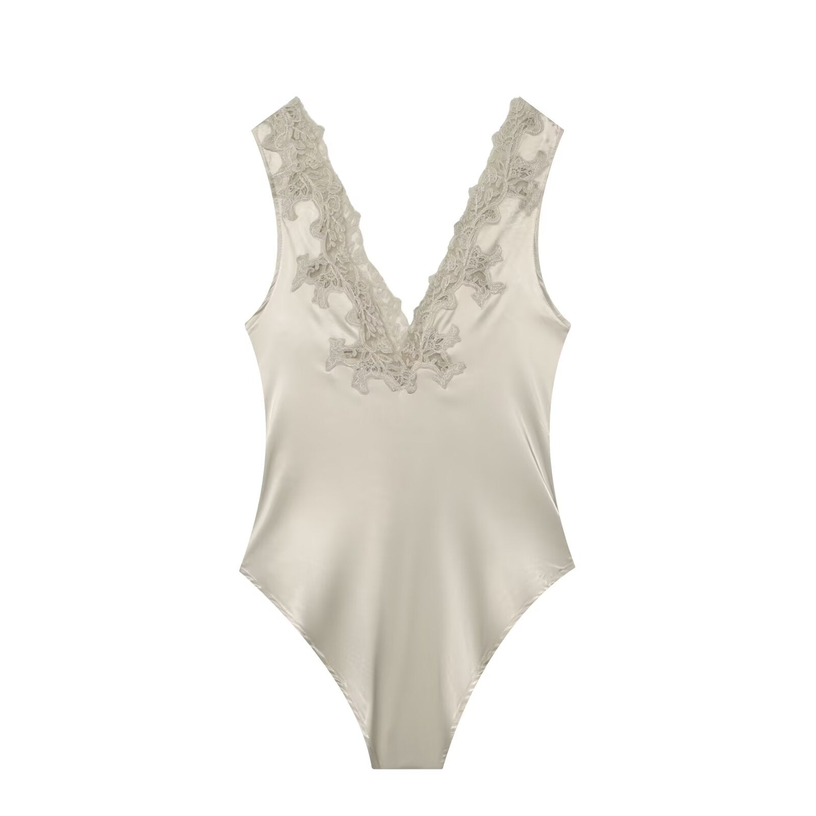 Women's lace decorated satin textured bodysuit