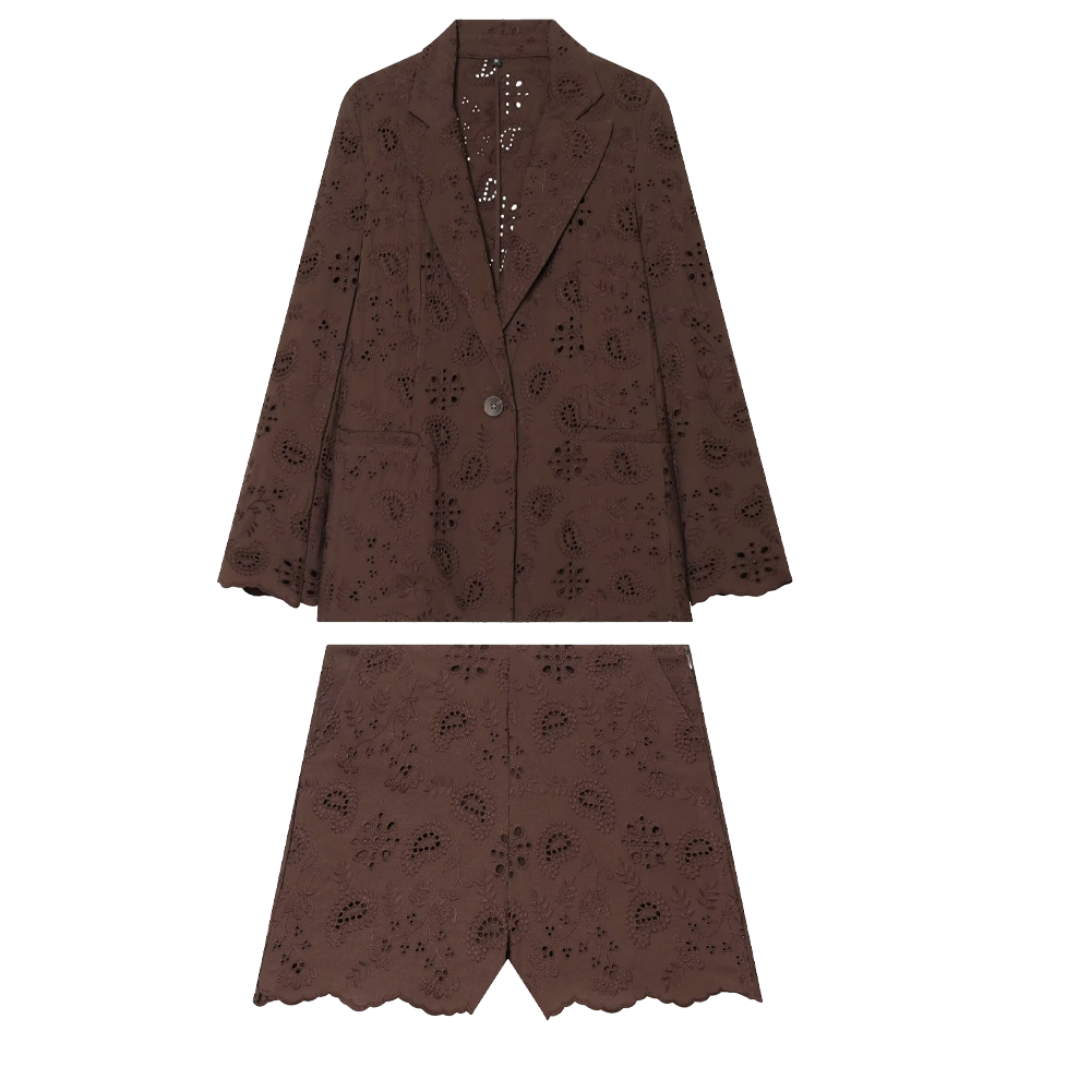 suit Women's 2 pieces with shoulder pads embroidered Blazer Coat+Shorts