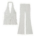 suit Women's 2 pieces elastic wave point hanging neck top+flared pants