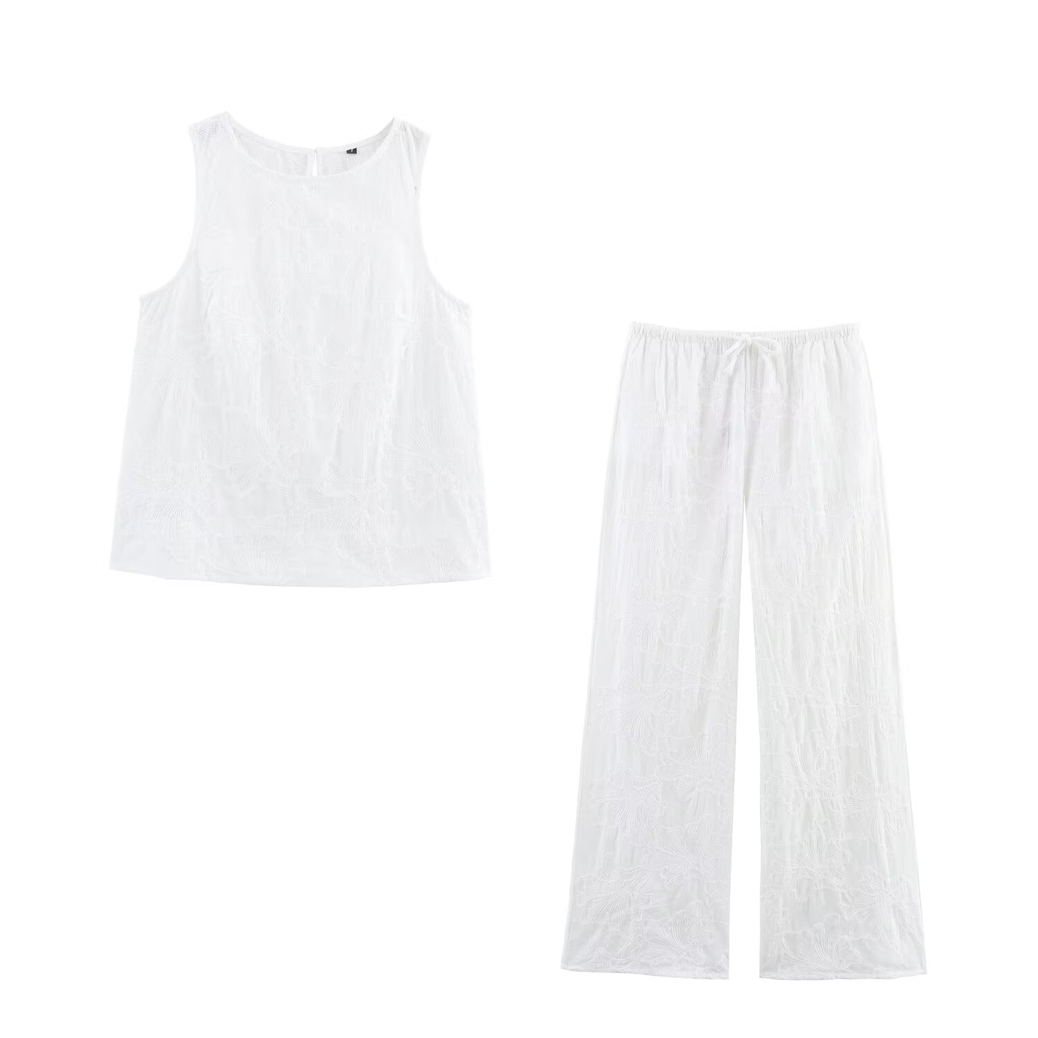 suit Women's 2 pieces O Neck embroidered top+Pants