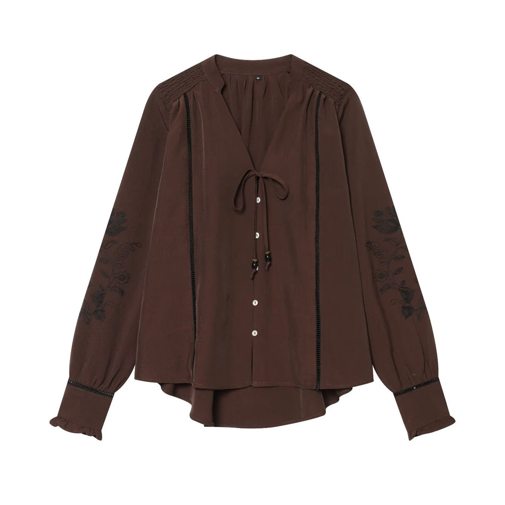 suit Women's 2 pieces lace up decorative embroidered shirt+pants
